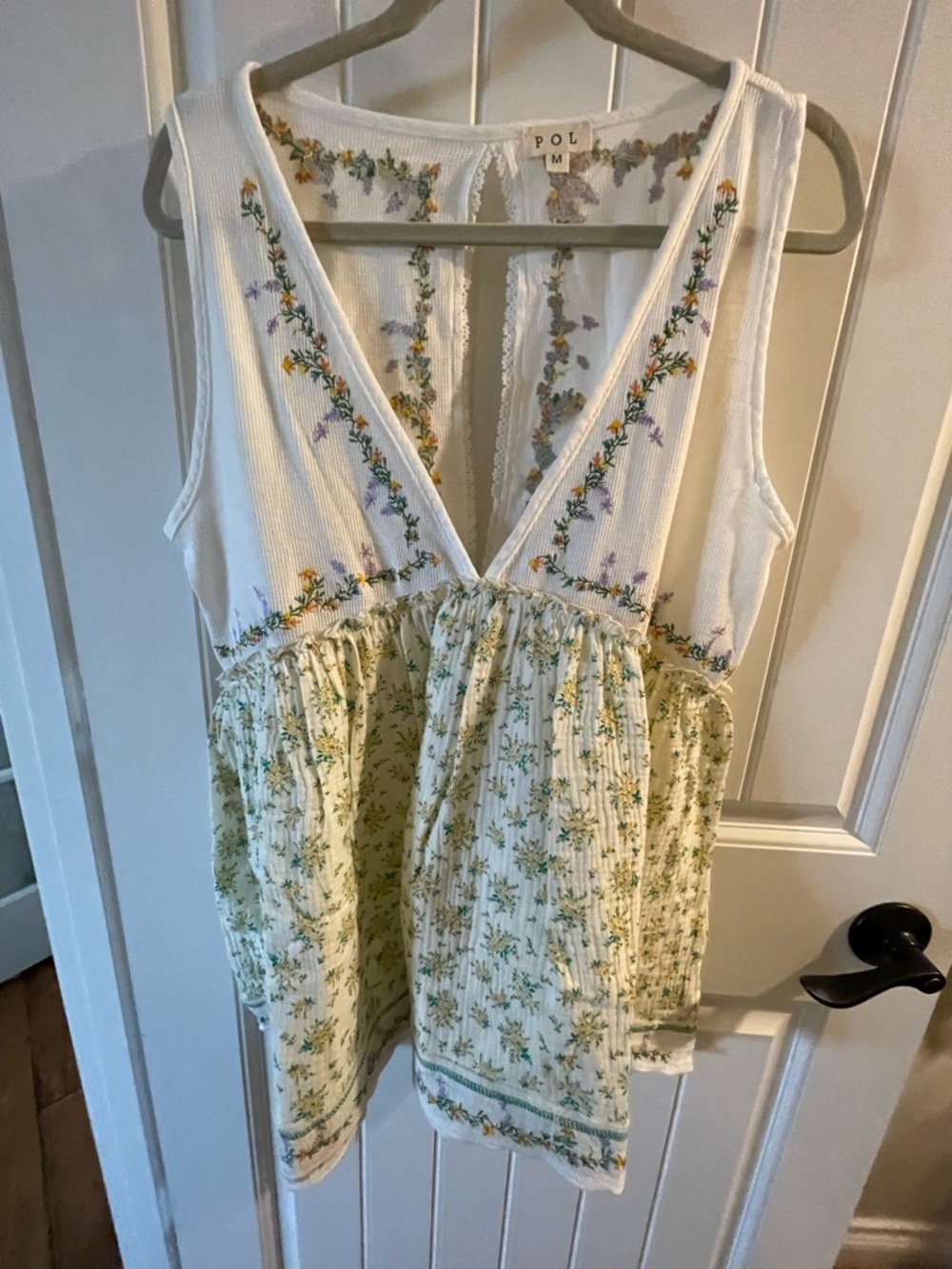 POL White Ribbed Camisole with Sage Floral Skirt